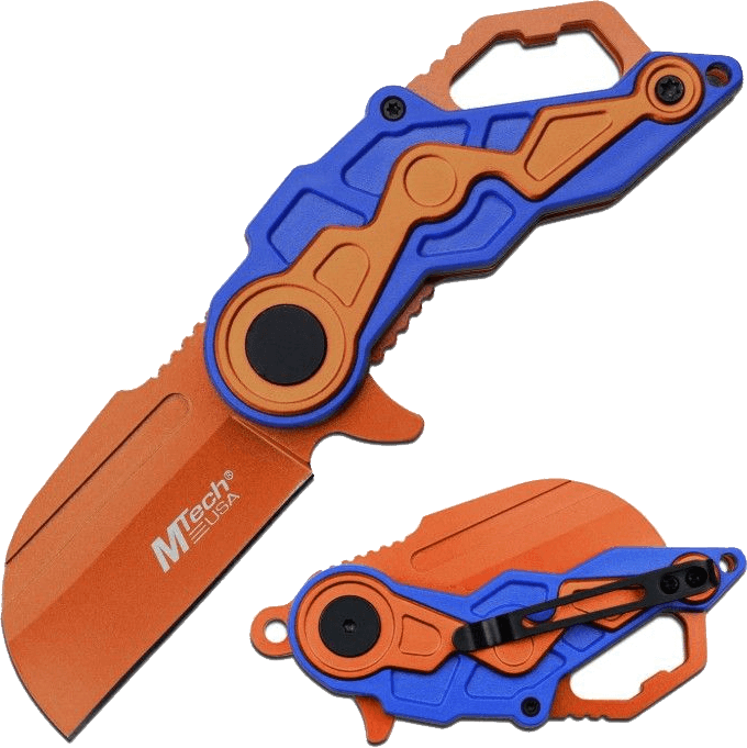 MTech USA spring assisted knife in orange and blue